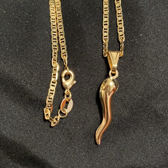 Neiman Marcus 18K Gold Plated Flat Marina Chain With Italian Horn Neckla… - Picture 2 of 4